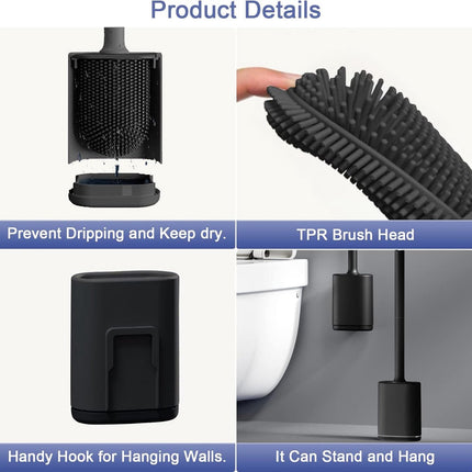 Toilet brush and holder set - Toilet brush - Deep cleaning - Silicone toilet brush - Flexible toilet brush head - Wall mounting - Freestanding toilet brush holder - Black.