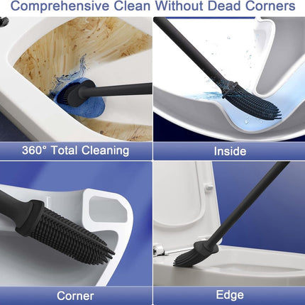 Toilet brush and holder set - Toilet brush - Deep cleaning - Silicone toilet brush - Flexible toilet brush head - Wall mounting - Freestanding toilet brush holder - Black.