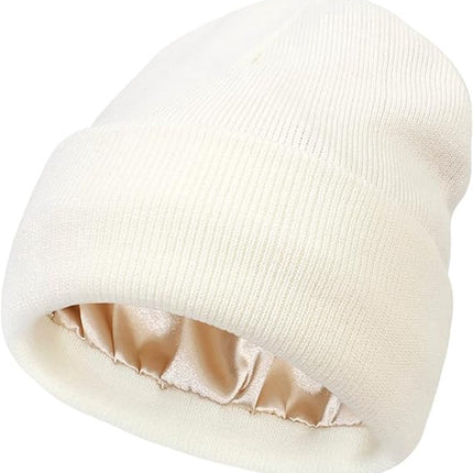 Hat - Knitted hat - Winter hat - Warm hat - Hat with satin lining - warm winter hat - knitted winter hat with fold-over brim - silk lining - soft knitted hat - warm and comfortable - for women and men - white.