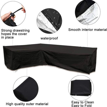 L-shaped garden bench cover - Garden furniture cover - L-shaped garden furniture protective cover with drawstrings at the bottom - Protective cover for L-shaped lounge set - Weatherproof - 210D L-shaped garden furniture tarpaulin - Black - 286 × 222 × 82c.