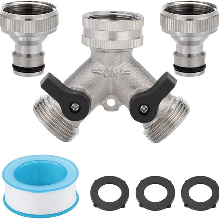 Double tap - 3/4" 2-way Y-splitters - tap adapter - garden tap dispenser - 2-way water distributor - with 2 rotary switches - Y-splitter - for washing machine and garden - 6.5*7.7 cm - silver.