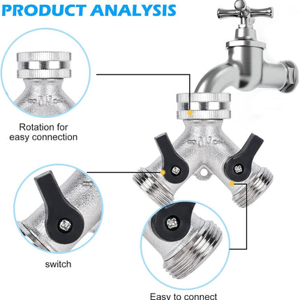 Double tap - 3/4" 2-way Y-splitters - tap adapter - garden tap dispenser - 2-way water distributor - with 2 rotary switches - Y-splitter - for washing machine and garden - 6.5*7.7 cm - silver.