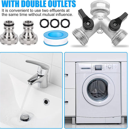 Double tap - 3/4" 2-way Y-splitters - tap adapter - garden tap dispenser - 2-way water distributor - with 2 rotary switches - Y-splitter - for washing machine and garden - 6.5*7.7 cm - silver.