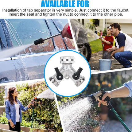 Double tap - 3/4" 2-way Y-splitters - tap adapter - garden tap dispenser - 2-way water distributor - with 2 rotary switches - Y-splitter - for washing machine and garden - 6.5*7.7 cm - silver.