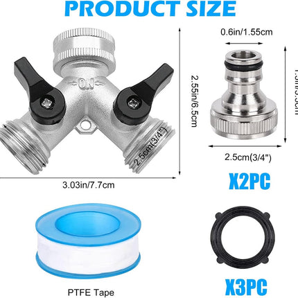 Double tap - 3/4" 2-way Y-splitters - tap adapter - garden tap dispenser - 2-way water distributor - with 2 rotary switches - Y-splitter - for washing machine and garden - 6.5*7.7 cm - silver.