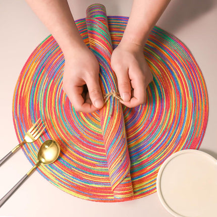 6 pieces - Table mats - Placemats - Round placemats - washable cotton placemats - round braided placemats - Round table mats - Woven placemats - Round placemats - rainbow - 38*38 cm.