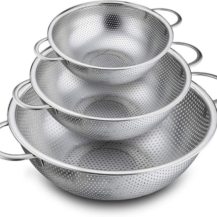 3-Piece Colander - Fine-mesh stainless steel colander - Sieve - on a stand - 2 handles - For draining, rinsing, and washing - Ideal for pasta, vegetables, and fruit - Durable and Dishwasher Safe - Easy Storage - Kitchen colander/sieve.