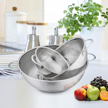 3-Piece Colander - Fine-mesh stainless steel colander - Sieve - on a stand - 2 handles - For draining, rinsing, and washing - Ideal for pasta, vegetables, and fruit - Durable and Dishwasher Safe - Easy Storage - Kitchen colander/sieve.