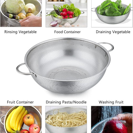 3-Piece Colander - Fine-mesh stainless steel colander - Sieve - on a stand - 2 handles - For draining, rinsing, and washing - Ideal for pasta, vegetables, and fruit - Durable and Dishwasher Safe - Easy Storage - Kitchen colander/sieve.