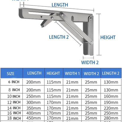 2 pieces - Stainless steel foldable shelf brackets - Support frame - Robust stainless steel foldable shelf brackets for work tables - Space-saving - DIY brackets - 25 cm/10 inches.