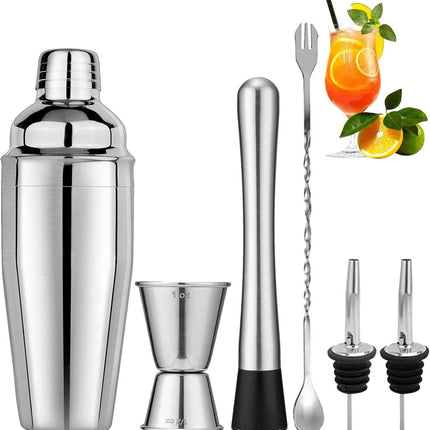 Stainless Steel Cocktail Shaker - 6-piece set - Cocktail set - Cocktail Shaker (750ml) - cocktail accessories - Cocktail set with drink shaker, cocktail strainer, mixing spoon, muddler, wine measure, handy stirrer - bar set - for Cocktail bar.