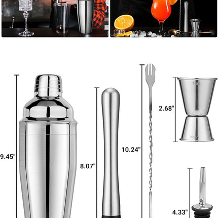 Stainless Steel Cocktail Shaker - 6-piece set - Cocktail set - Cocktail Shaker (750ml) - cocktail accessories - Cocktail set with drink shaker, cocktail strainer, mixing spoon, muddler, wine measure, handy stirrer - bar set - for Cocktail bar.