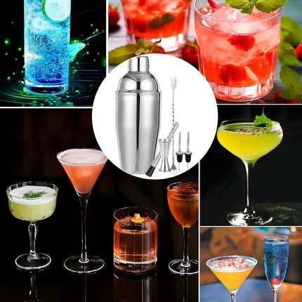 Stainless Steel Cocktail Shaker - 6-piece set - Cocktail set - Cocktail Shaker (750ml) - cocktail accessories - Cocktail set with drink shaker, cocktail strainer, mixing spoon, muddler, wine measure, handy stirrer - bar set - for Cocktail bar.