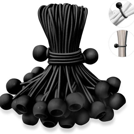 50 pieces - 6 inch - Elastic rope - Elastic cord - Tensioning elastic - tension cord - ball bungee cords - with balls - reusable - for golf nets, soccer goals, camping, tent poles, tubing - black - 150*22 mm.
