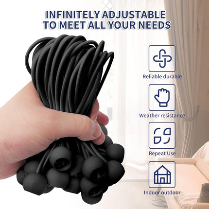 50 pieces - 6 inch - Elastic rope - Elastic cord - Tensioning elastic - tension cord - ball bungee cords - with balls - reusable - for golf nets, soccer goals, camping, tent poles, tubing - black - 150*22 mm.
