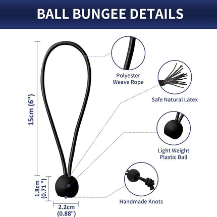 50 pieces - 6 inch - Elastic rope - Elastic cord - Tensioning elastic - tension cord - ball bungee cords - with balls - reusable - for golf nets, soccer goals, camping, tent poles, tubing - black - 150*22 mm.
