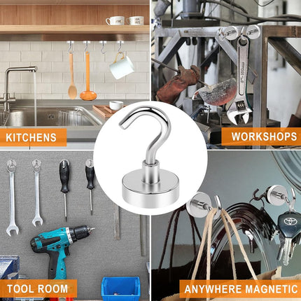 magnetic hook - 10 pieces for more than 5 kg - super strong pulling force - magnet with hook - heavy magnetic hook for hanging, kitchen - silver.