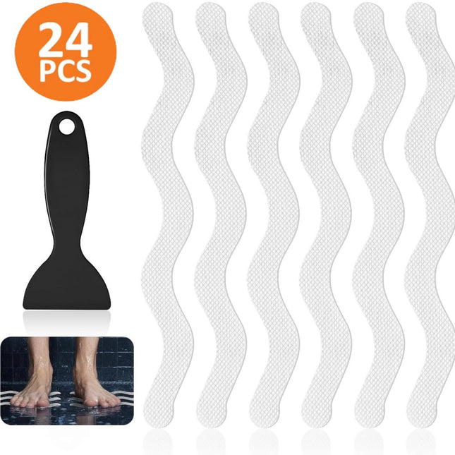 24 pieces - anti-slip stickers - 18*1.3cm - S-shape - anti-slip bath stickers - anti-slip shower stickers - shower stickers - safety strips for baths - for stairs, showers and slippery surfaces - with scraper - transparent.