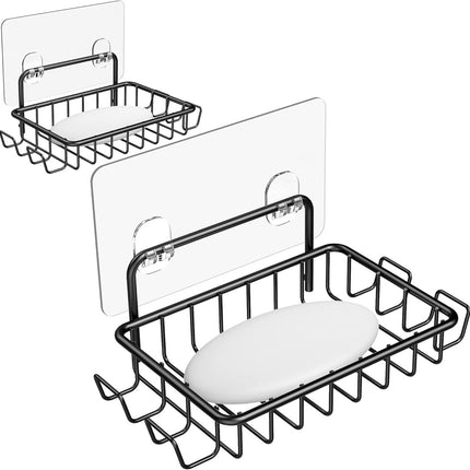 Soap Holders - 2 Pieces - Hanging Soap Holder - Soap Dish - Soap Holder for Shower Wall with 4 Hooks - Stainless Steel - Soap Holder with Drain - Small Soap Dish - Wall Mounting - Portable - Bathroom Accessories - Shower - No Drilling Required - Self-Adhe.