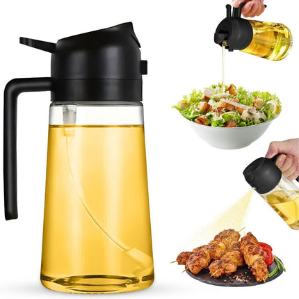 2-in-1 - Oil spray bottle - olive oil dispenser bottle - 470 ml - Olive oil sprayer - oil container - oil bottle - oil spray bottle - oil dispenser - oil atomizer - glass oil spray - kitchen utensil - spray and pour - for kitchen, BBQ, barbecue - black.