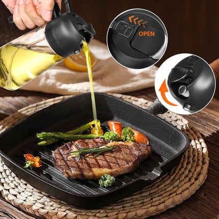 2-in-1 - Oil spray bottle - olive oil dispenser bottle - 470 ml - Olive oil sprayer - oil container - oil bottle - oil spray bottle - oil dispenser - oil atomizer - glass oil spray - kitchen utensil - spray and pour - for kitchen, BBQ, barbecue - black.