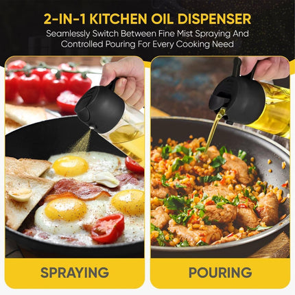 2-in-1 - Oil spray bottle - olive oil dispenser bottle - 470 ml - Olive oil sprayer - oil container - oil bottle - oil spray bottle - oil dispenser - oil atomizer - glass oil spray - kitchen utensil - spray and pour - for kitchen, BBQ, barbecue - black.