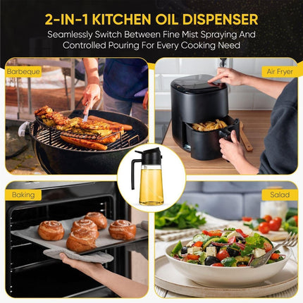 2-in-1 - Oil spray bottle - olive oil dispenser bottle - 470 ml - Olive oil sprayer - oil container - oil bottle - oil spray bottle - oil dispenser - oil atomizer - glass oil spray - kitchen utensil - spray and pour - for kitchen, BBQ, barbecue - black.