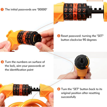 Bicycle lock - Bicycle chain lock - Anti-theft bicycle lock - 1.1m*11mm - Combination lock - Cable lock - Lock - with 5-digit code - Includes shackle - High security - Resettable lock - bicycle accessories - for bicycles, tricycles and scooters - orange.