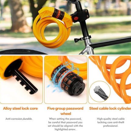 Bicycle lock - Bicycle chain lock - Anti-theft bicycle lock - 1.1m*11mm - Combination lock - Cable lock - Lock - with 5-digit code - Includes shackle - High security - Resettable lock - bicycle accessories - for bicycles, tricycles and scooters - orange.