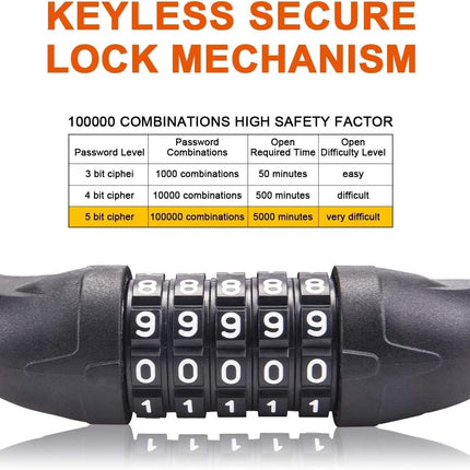 Bicycle lock - Bicycle chain lock - Anti-theft bicycle lock - 1.1m*11mm - Combination lock - Cable lock - Lock - with 5-digit code - Includes shackle - High security - Resettable lock - bicycle accessories - for bicycles, tricycles and scooters - orange.