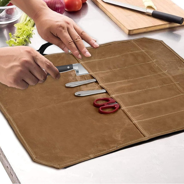 Chef Tools Protector - with 7 slots - Chef's knife roll bag - Knife bag - Waxed canvas knife bag - Cookware - knife case - knife holder - storage bag - cutlery tool roll bag - for camping - (Knives Not Included) - 45*56 cm - Khaki.