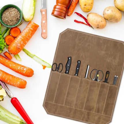 Chef Tools Protector - with 7 slots - Chef's knife roll bag - Knife bag - Waxed canvas knife bag - Cookware - knife case - knife holder - storage bag - cutlery tool roll bag - for camping - (Knives Not Included) - 45*56 cm - Khaki.