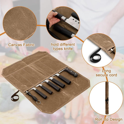 Chef Tools Protector - with 7 slots - Chef's knife roll bag - Knife bag - Waxed canvas knife bag - Cookware - knife case - knife holder - storage bag - cutlery tool roll bag - for camping - (Knives Not Included) - 45*56 cm - Khaki.