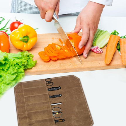 Chef Tools Protector - with 7 slots - Chef's knife roll bag - Knife bag - Waxed canvas knife bag - Cookware - knife case - knife holder - storage bag - cutlery tool roll bag - for camping - (Knives Not Included) - 45*56 cm - Khaki.
