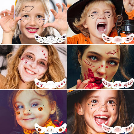 6 pieces - Temporary Face Tattoos - Halloween decoration - Glitter makeup stickers - Self-adhesive Tattoos for Adults - Festival Glitters - Face stickers - Halloween makeup.