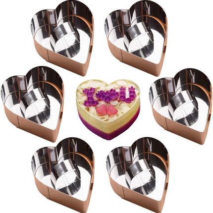 6 pieces - stainless steel - dessert rings - cake rings - with handle - molds - for baking and cooking cakes, mousses, and desserts - 8*3.8 cm - silver - Heart shape.