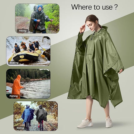 Poncho - Raincoat - 210*140cm - multifunctional waterproof rain poncho - Waterproof Rain Poncho - Cycling Poncho - reusable - raincoat with hood - rain poncho with chest pocket - with storage bag - for travel, hiking, camping, fishing - green.