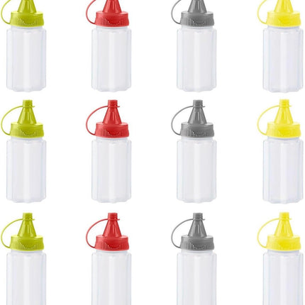 12 pieces - 3.2*3.2*8 cm - sauce bottles - portable sauce bottles - mini sauce bottles - squeeze bottle - ketchup bottle - salad dressing bottle - leak-proof plastic sauce bottles - squeezable sauce containers - kitchen supplies - grey, red, yellow, green.