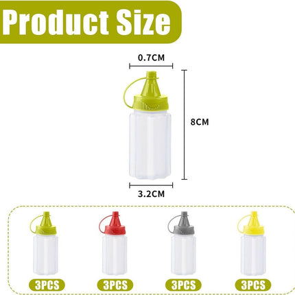 12 pieces - 3.2*3.2*8 cm - sauce bottles - portable sauce bottles - mini sauce bottles - squeeze bottle - ketchup bottle - salad dressing bottle - leak-proof plastic sauce bottles - squeezable sauce containers - kitchen supplies - grey, red, yellow, green.