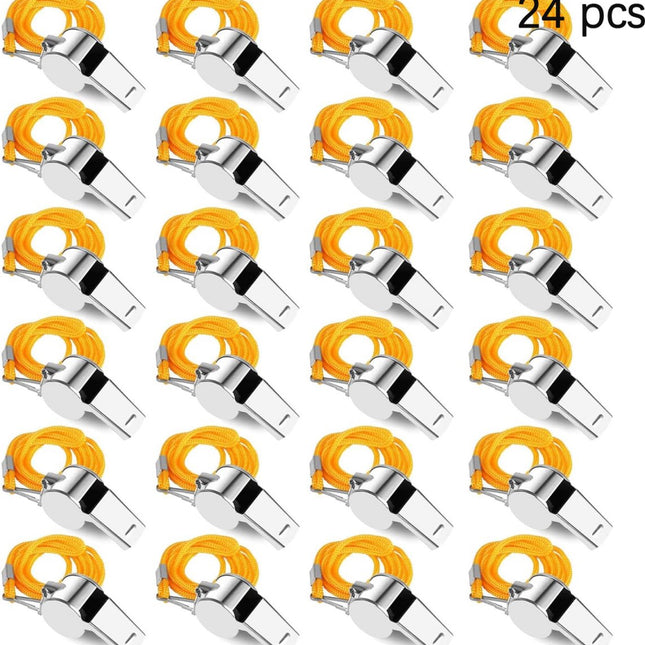 24 pieces - Whistles - Coach Whistle - Outdoor Whistle - Stainless Steel Whistles - Football Referee Whistle - Whistle with Lanyard - Outdoor Accessories - For Emergencies, Sports Training, Referee - Silver - 4*2*1.5 cm.