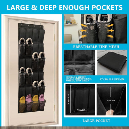 150*56 cm - Over-the-door shoe organizer - Wall compartment - 24 large - breathable mesh pockets - shoe rack - hanging storage - various storage space - breathable over-the-door closet storage, sneakers - black.