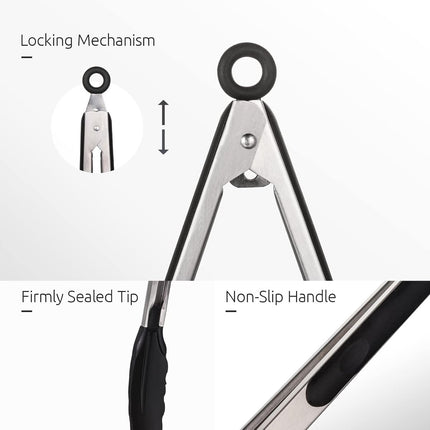 3-piece kitchen tongs set - 7/9/12 inch - Grill tongs - Grill accessories - With hanging loop - Cooking tongs - Heat resistant - Silicone non-stick coating - Stainless steel handles - Ideal for grilling food, salads, frying, and serving - Black.