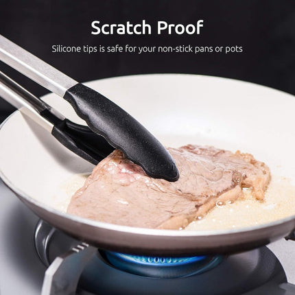 3-piece kitchen tongs set - 7/9/12 inch - Grill tongs - Grill accessories - With hanging loop - Cooking tongs - Heat resistant - Silicone non-stick coating - Stainless steel handles - Ideal for grilling food, salads, frying, and serving - Black.