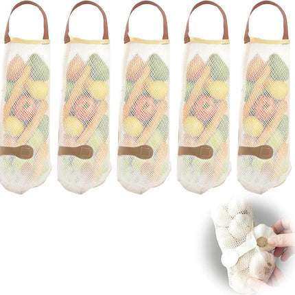 5 pieces - Vegetable bag - Fruit bag - 48*11 cm - Storage bag - hanging mesh bag - reusable large bag for cooking seafood - washable bags - for vegetables and fruit for the kitchen, fridge, potato, onion, garlic, vegetables and fruit - beige.