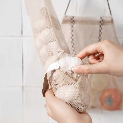 5 pieces - Vegetable bag - Fruit bag - 48*11 cm - Storage bag - hanging mesh bag - reusable large bag for cooking seafood - washable bags - for vegetables and fruit for the kitchen, fridge, potato, onion, garlic, vegetables and fruit - beige.
