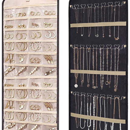 Jewelry organizer - 1 piece - Jewelry holder - Felt hanging bag - Earring organizer - Hanging jewelry organizer - Storage bag - Display rack - Double-sided necklace holder - Jewelry necklace organizer - with large zippered pockets and hooks - 84*36cm - bl.