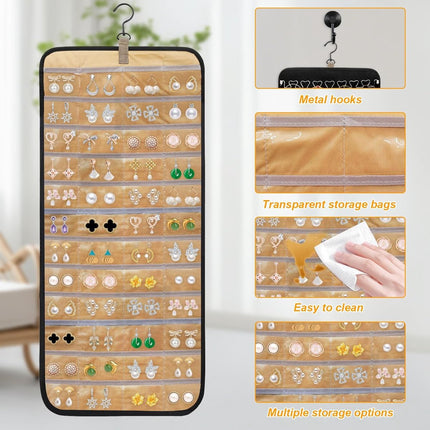 Jewelry organizer - 1 piece - Jewelry holder - Felt hanging bag - Earring organizer - Hanging jewelry organizer - Storage bag - Display rack - Double-sided necklace holder - Jewelry necklace organizer - with large zippered pockets and hooks - 84*36cm - bl.