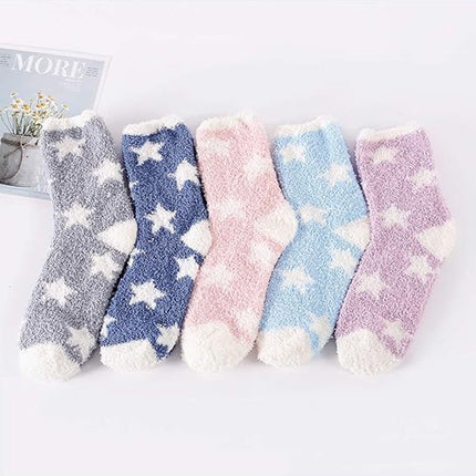 5 Pairs - socks - women's socks - Warm Fuzzy Fleece Socks - Women's House Socks - Star socks - Warm Winter Socks - Fluffy Socks - Sleep Socks - House Socks - Stockings - keep warm - coral fleece - Plush and comfortable - thick plush socks.