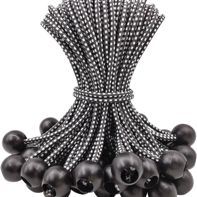 50 pieces - 6 inch - Elastic rope - Elastic cord - Tensioning elastic - tension cord - ball bungee cords - with balls - reusable - for golf nets, soccer goals, camping, tent poles, hose - black rope white spot - 150*22 mm.