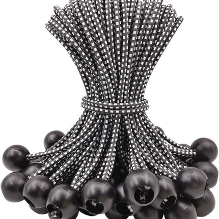 50 pieces - 6 inch - Elastic rope - Elastic cord - Tensioning elastic - tension cord - ball bungee cords - with balls - reusable - for golf nets, soccer goals, camping, tent poles, hose - black rope white spot - 150*22 mm.